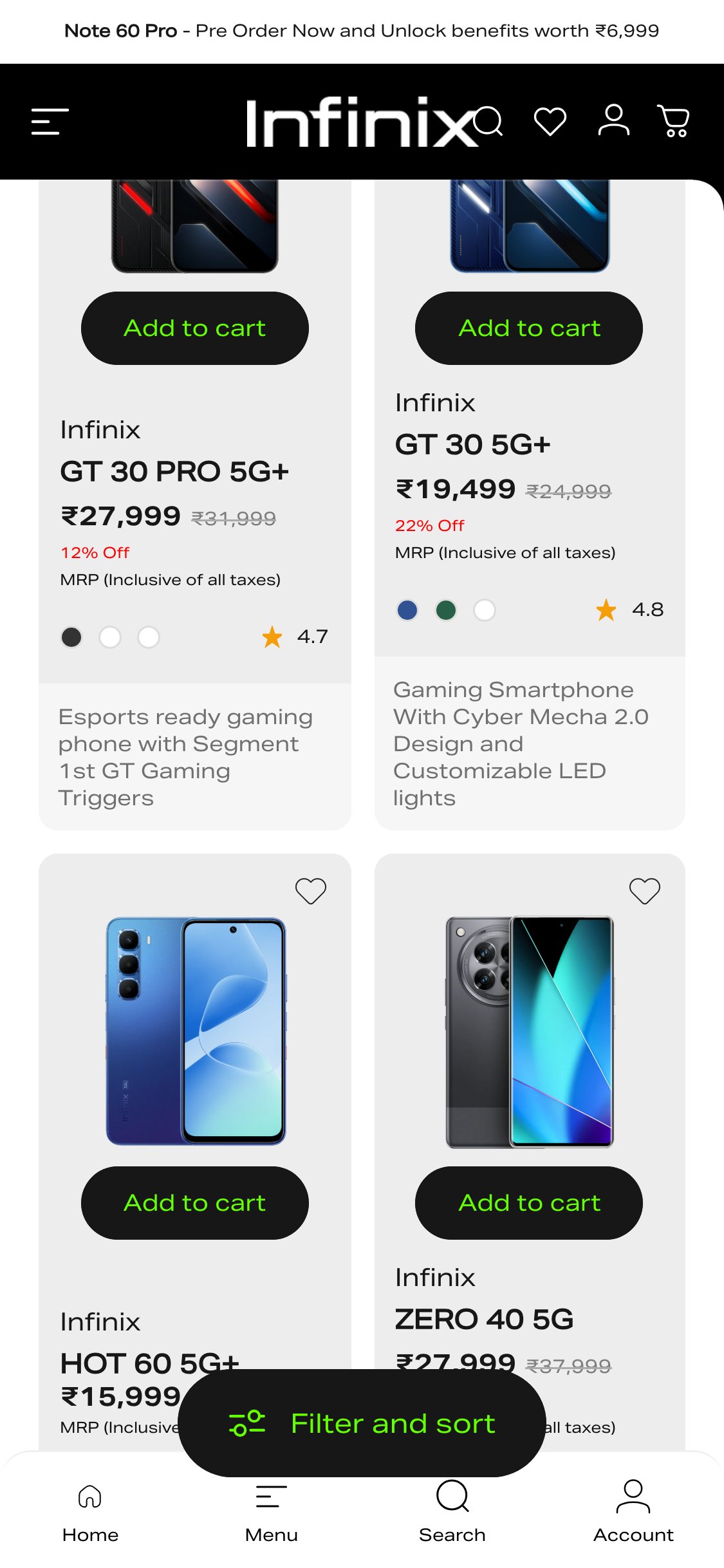 Infinix India — Collection Grid (OOS products mixed with in-stock)