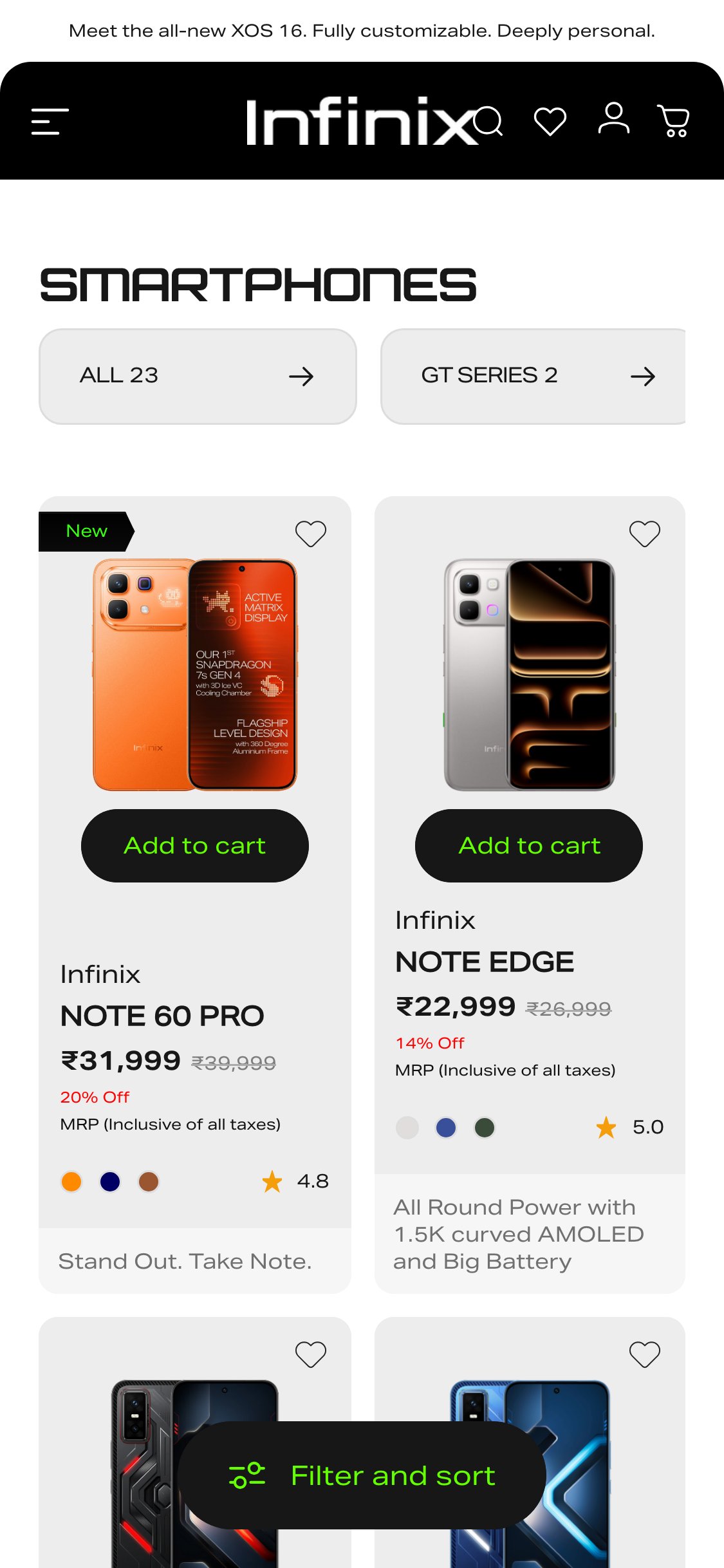 Infinix India — Collection Page (only generic Filter and Sort button, no spec chips)