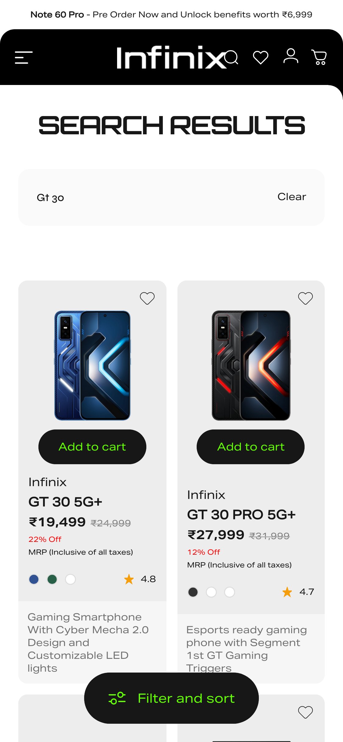 Infinix India — Search Results (no autocomplete suggestions fired)