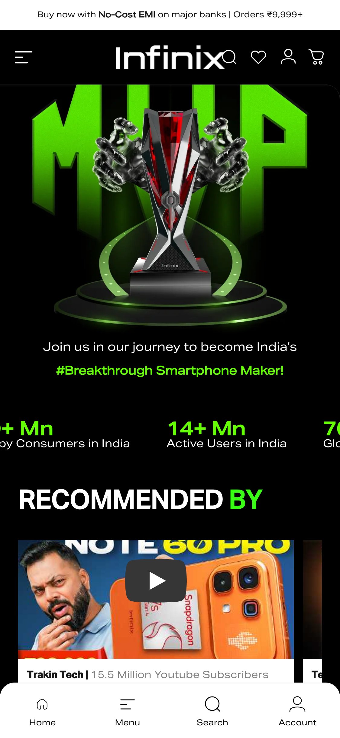 Infinix India — Homepage (influencer endorsements only, no customer reviews)