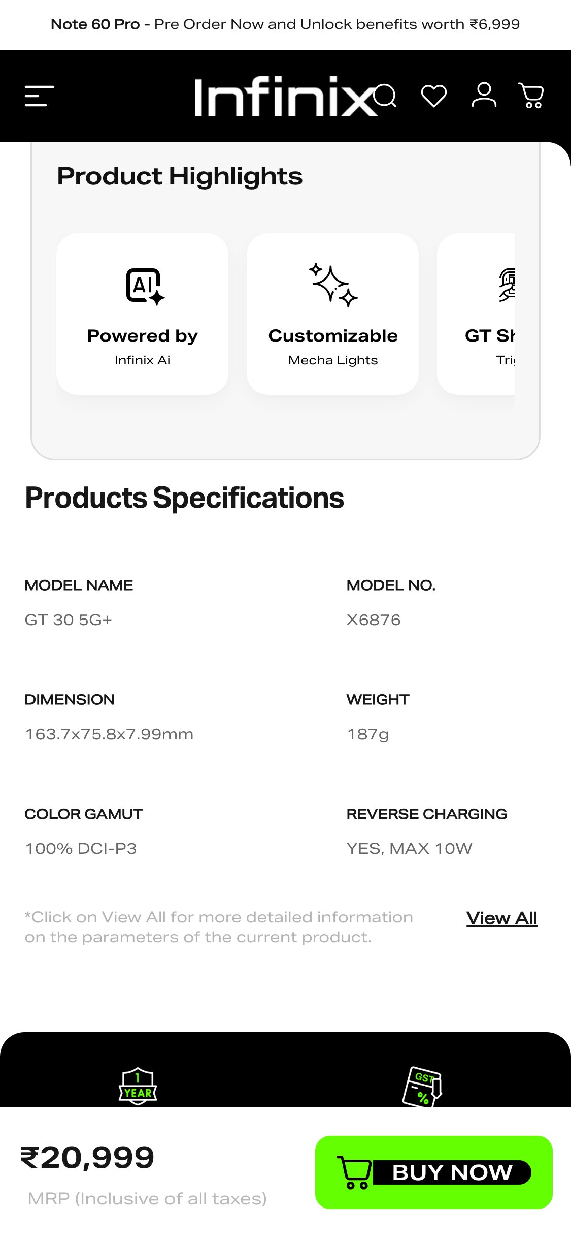 Infinix India — PDP (no delivery estimator between specs and ATC)