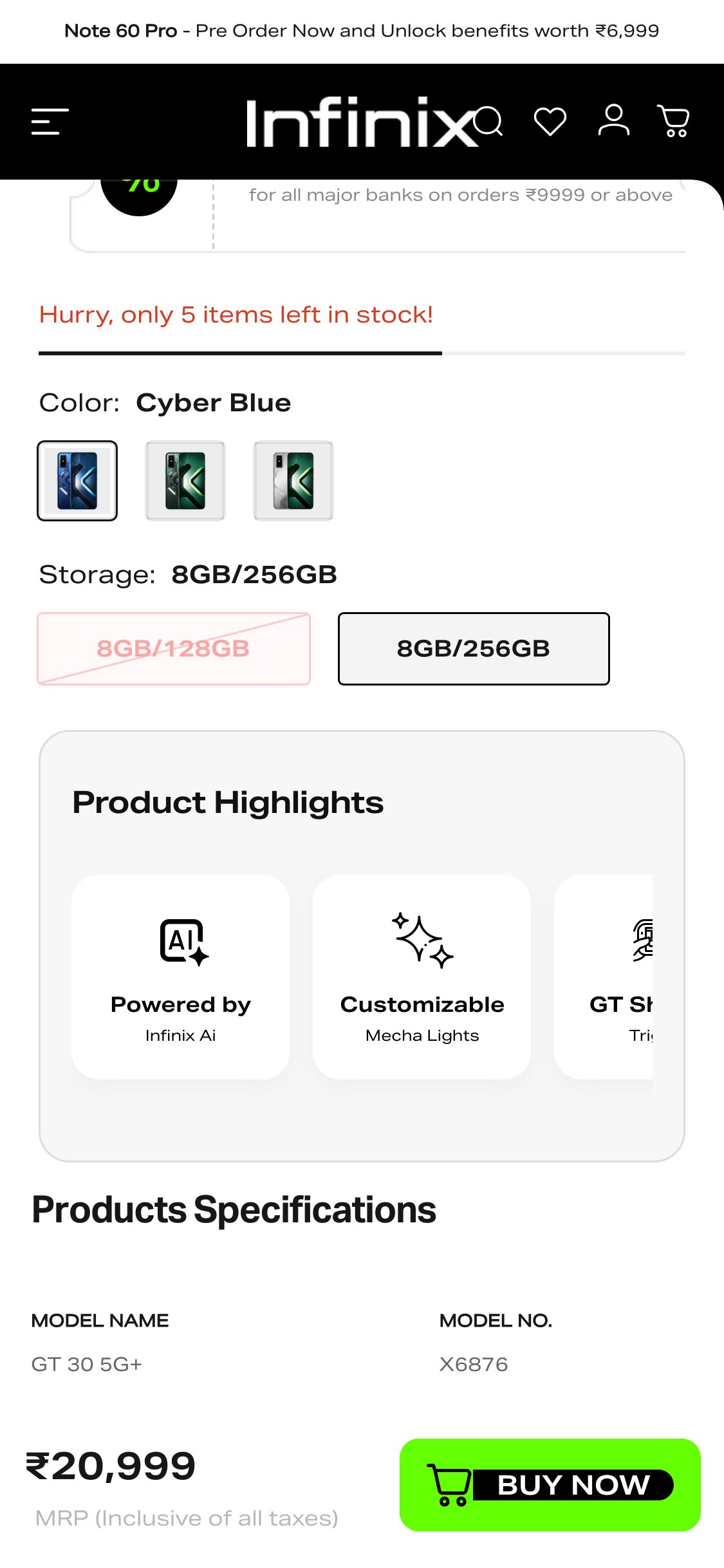 Infinix India — PDP (trust badges buried below sticky ATC bar, below the fold)