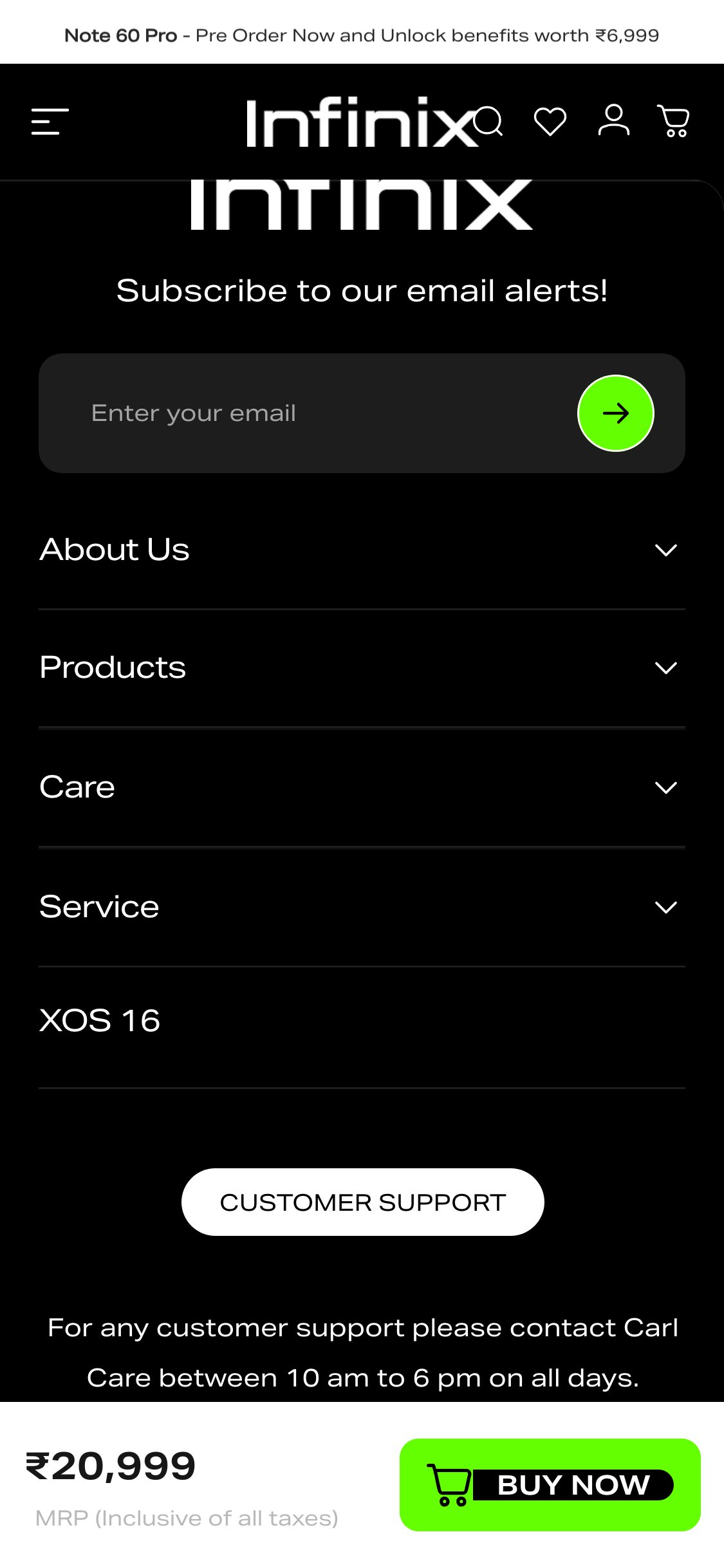 Infinix India — PDP Bottom (email signup section, no related products)